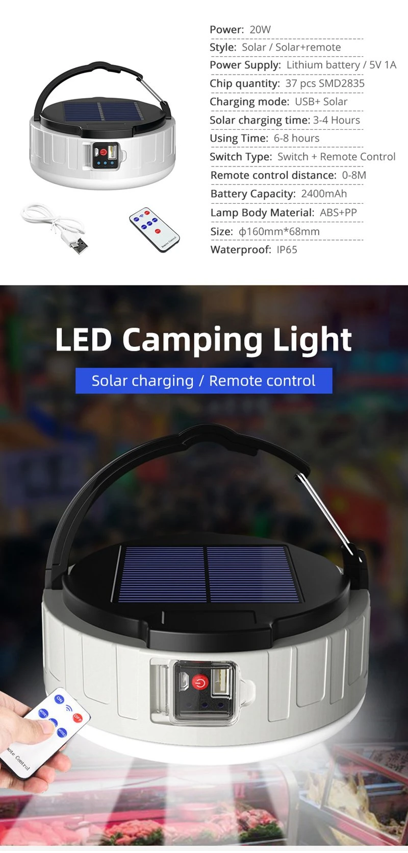 Amazon Hot Sale Portable Tent Camping Light USB Solar Rechargeable Remote Waterproof LED Emergency Light