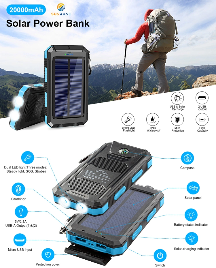 IP67 Ipx6 20000mAh Waterproof Portable Solar Power Bank