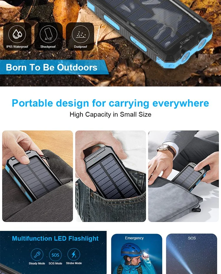 IP67 Ipx6 20000mAh Waterproof Portable Solar Power Bank