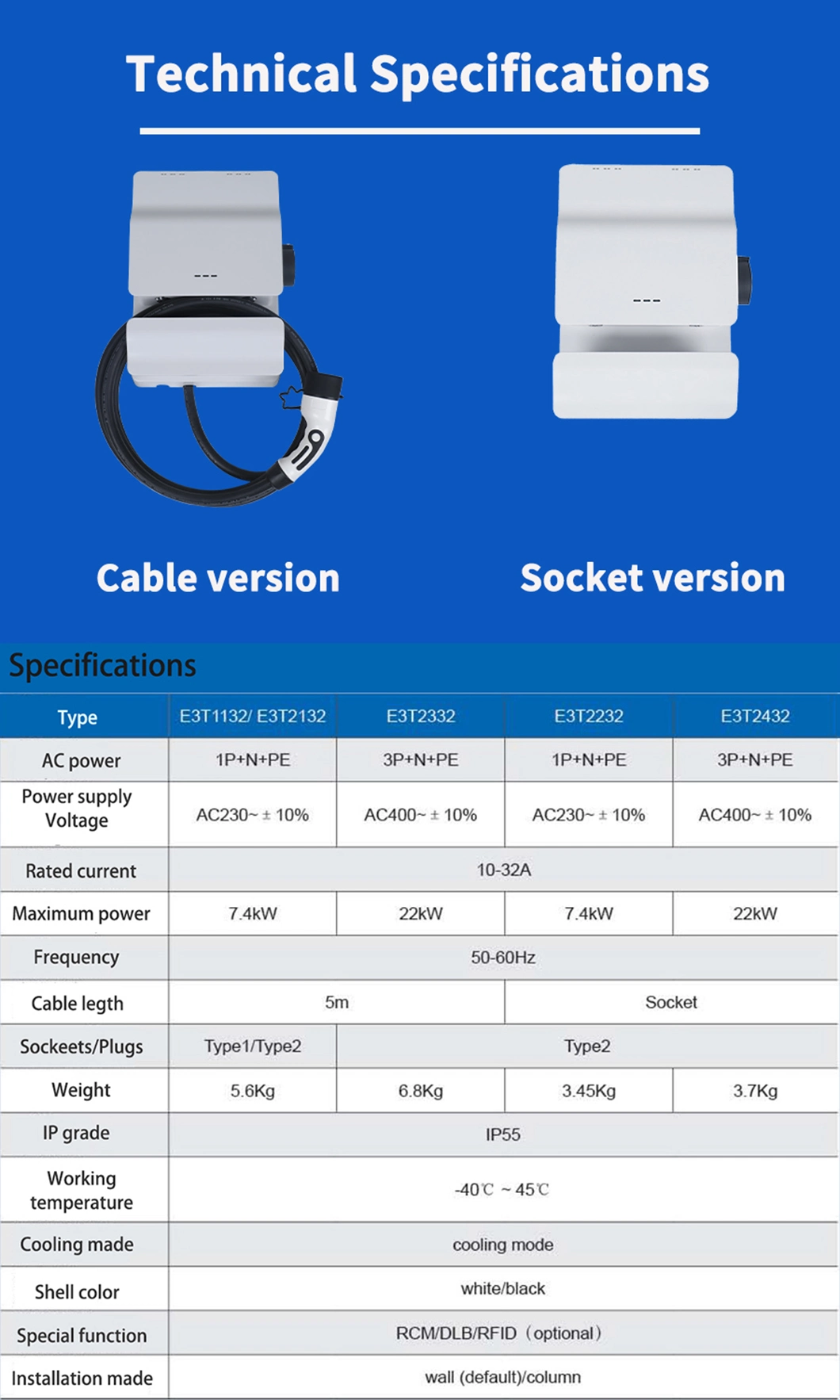 Evse AC EV Charger 11kw Wallbox with Type2 Charging Plug